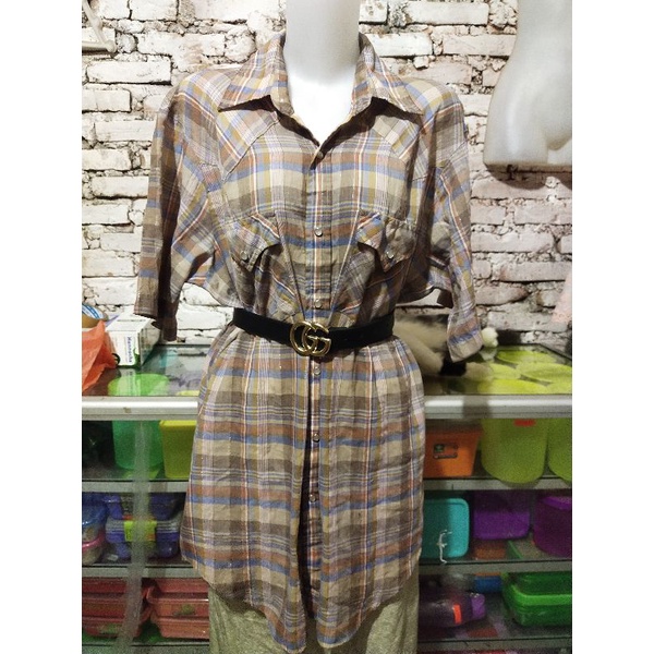 Tunik Kotak-Kotak Lengan Pendek Wanita