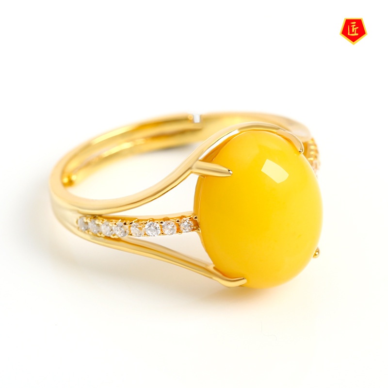 [Ready Stock]Canary Stone Inlaid Amber Ring 925 Silver Fashion Elegant