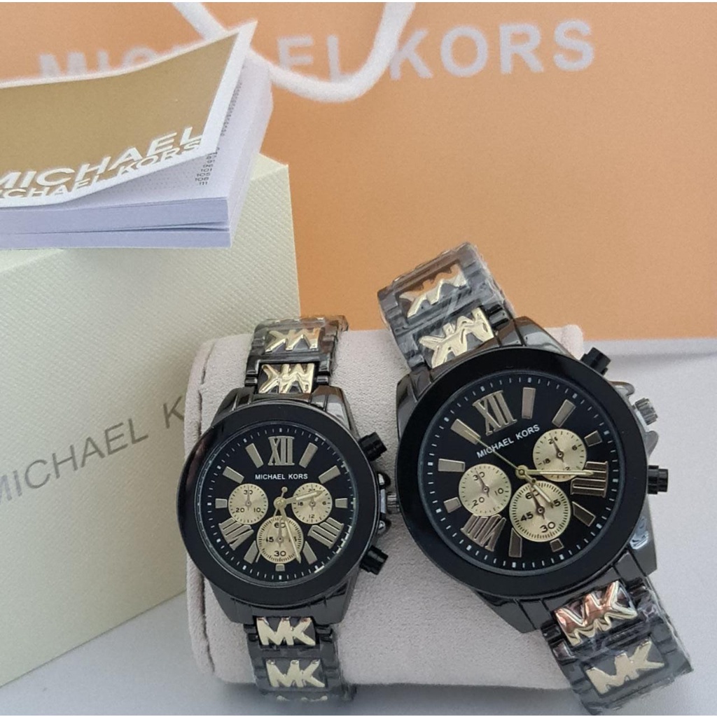 JAM TANGAN COUPLE MK RANTAI CHRONO OFF + BOX + BUKU + PAPERBAG - DIAMETER 4,6 CM DAN 3,4 CM -