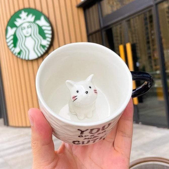 HOME DECOR Gelas Cangkir UnikMotif Kucing Keramik Cute Cat Mugs 3D - Kucing Putih