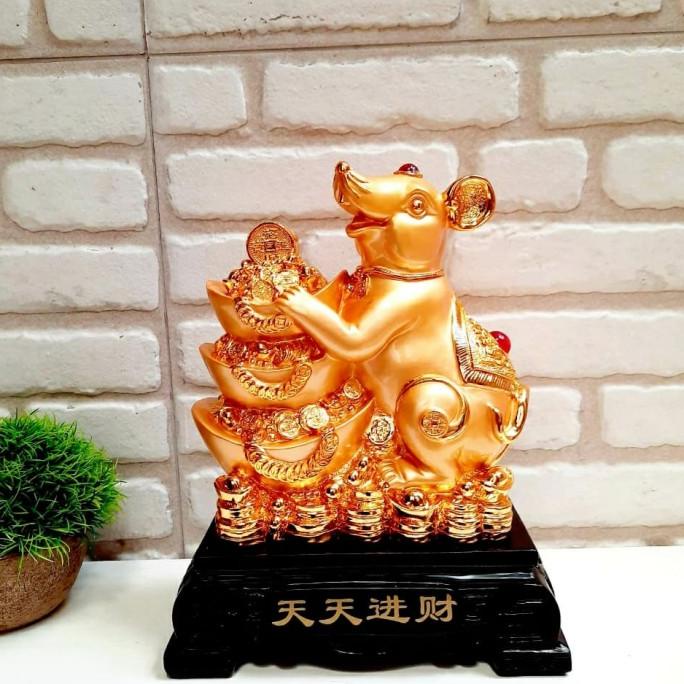 Patung Tikus Emas S Tatakan Kayu Kado Pajangan Hoki Shio Tikus Murah