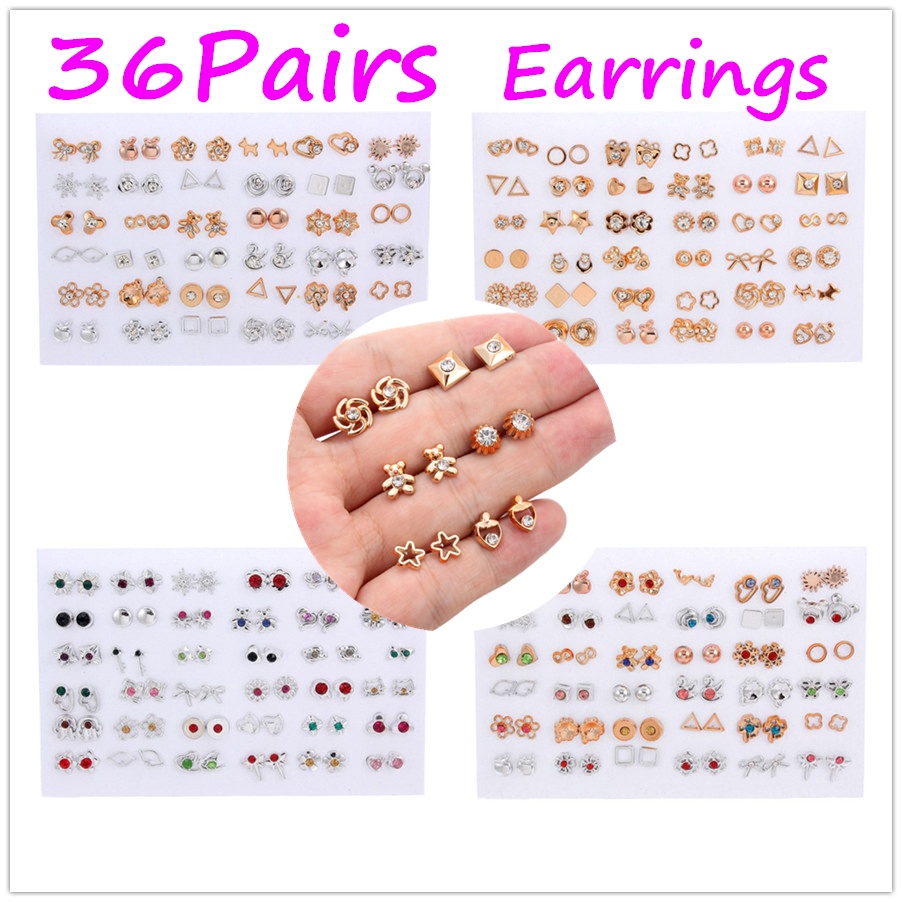 (Full Jy) 36 Pasang / Set Anting Tusuk Bentuk Kupu-Kupu / Bunga / Hati Aksen Kristal / Berlian Imitasi Untuk Wanita