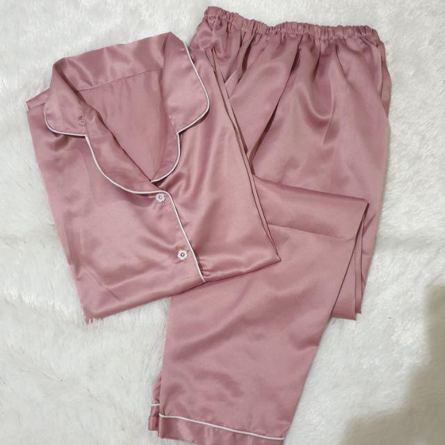 Baju Tidur Piyama Pajamas Wanita/Cewek Satin Silky Velvet Cantik Simple Wanita Dewasa Full Kancing-CP JUMBO SALEM