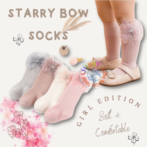 Kaos Kaki Panjang 0-2 Tahun Starry Bow Fashion Girl Korea Style dengan Pita Manis dan Bintang untuk CBKS LC