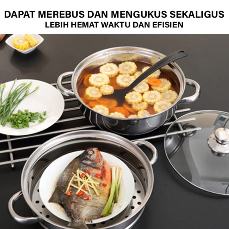 Panci kukus steamer 2 susun - panci steamer stainless - Panci Shabu