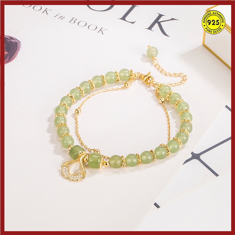 Gelang Tangan Rantai Lapis Emas 18K Aksen Daun Ginkgo Jade Untuk Wanita
