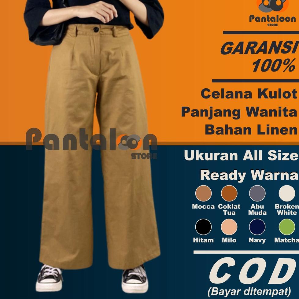 PDC.27Jn22y– Celana Kulot Linen Wanita Panjang Ukuran All Size Pinggang Kancing Dan Kolor Warna Puti