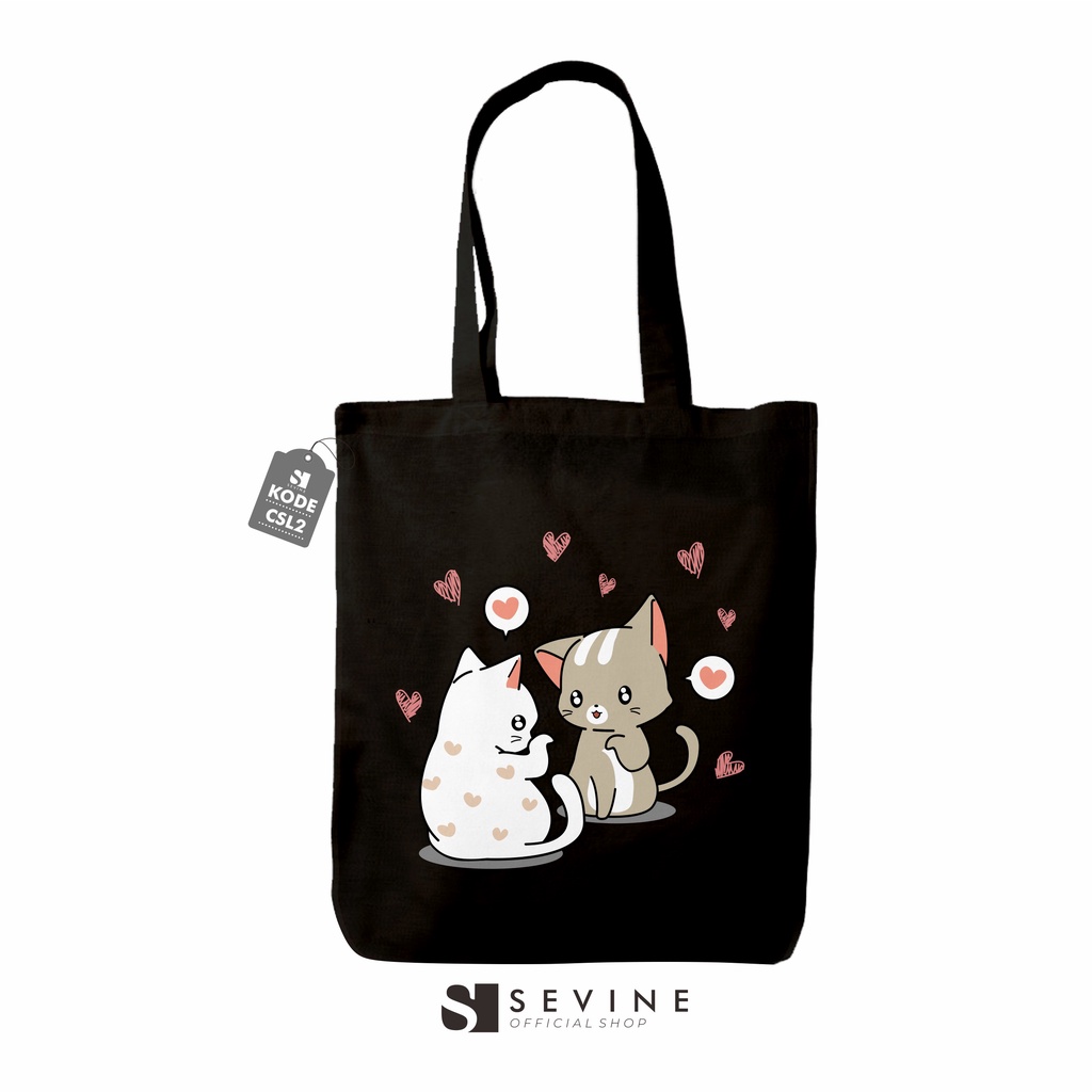 Sevine Totebag Tas Wanita Tote Bag Resleting Cute Cat Black Series Hitam - CSL2