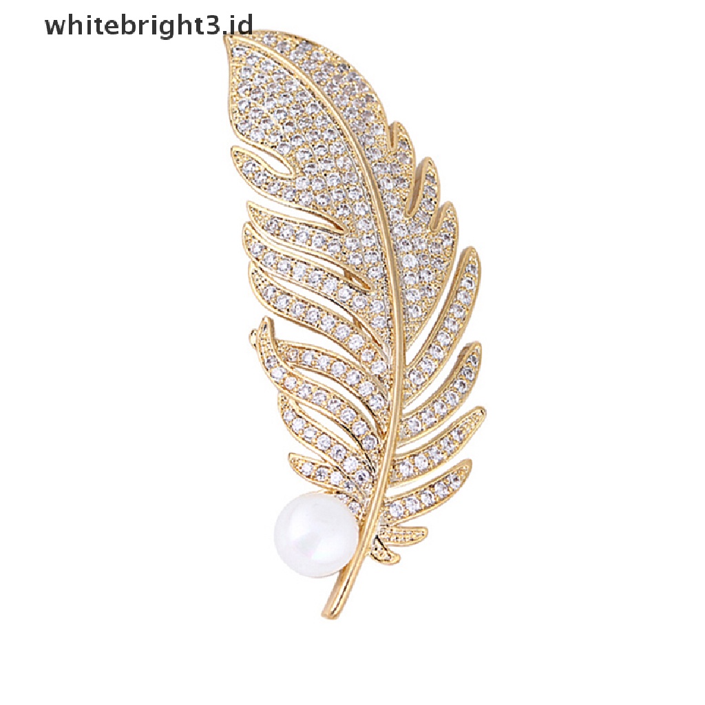(whitebright3.id) Bros Pin Bentuk Bulu Aksen Kristal + Mutiara Imitasi Untuk Wanita