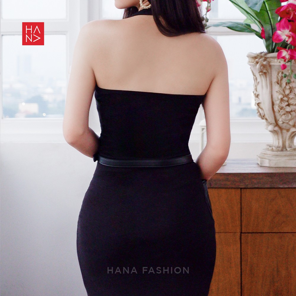 HanaFashion JKT - Kayla Midi Dress HItam Bodycon Split Wanita - TT034