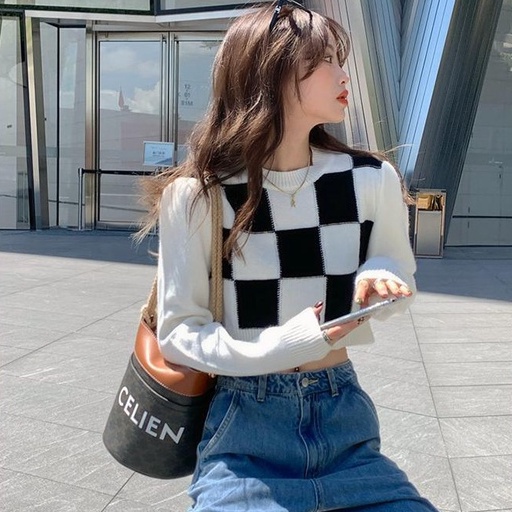 rajut crop top kotak kotak lengan panjang atasan import sweater korea