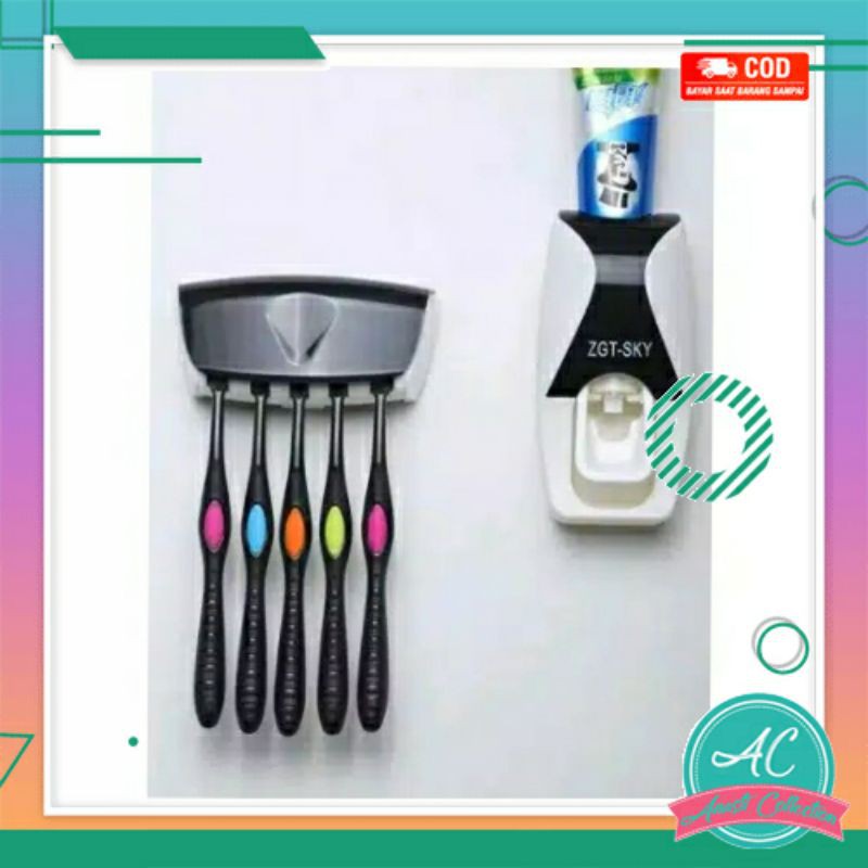 Set Dispenser odol pasta gigi dan gantungan rak sikat gigi dinding kamar mandi