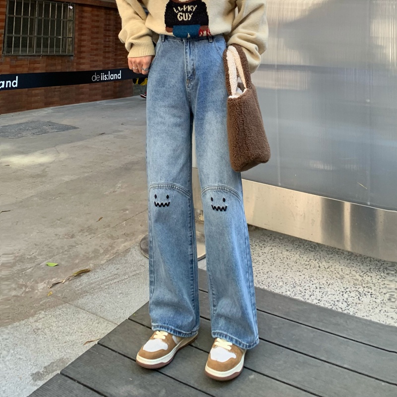 New Korean Diimpor Biru Celana Panjang Perempuan High-Waist Lurus-Kaki Bergaya Celana Jeans Wanita