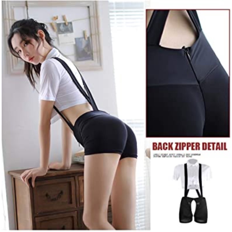 Kostum Seragam Sekolah Cosplay Jumpsuit Hotpants Bib Suspender Set Crop Top