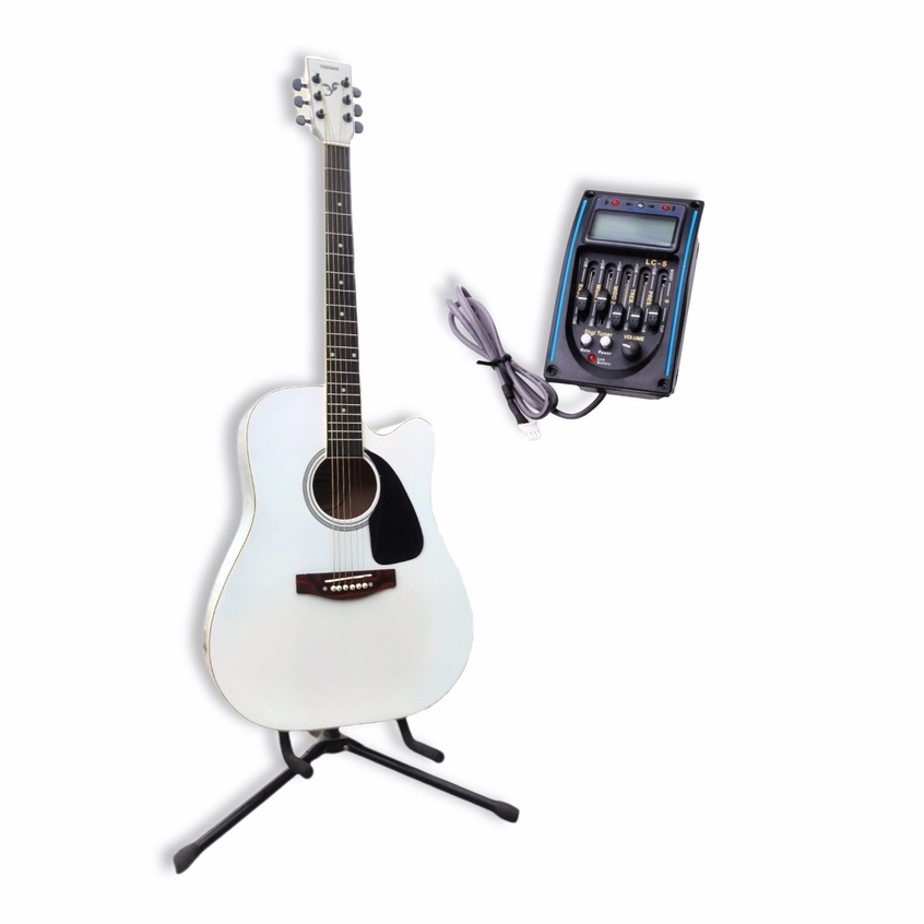 GITAR AKUSTIK ELEKTRIK MODEL YAMAHA JUMBO PUTIH EQ LC TUNER