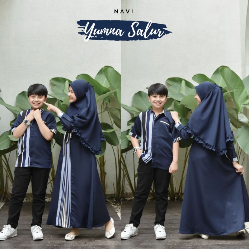 Baju Muslim Anak No Hijab Yumna Salur Motif Varian Navi Milo Hijau