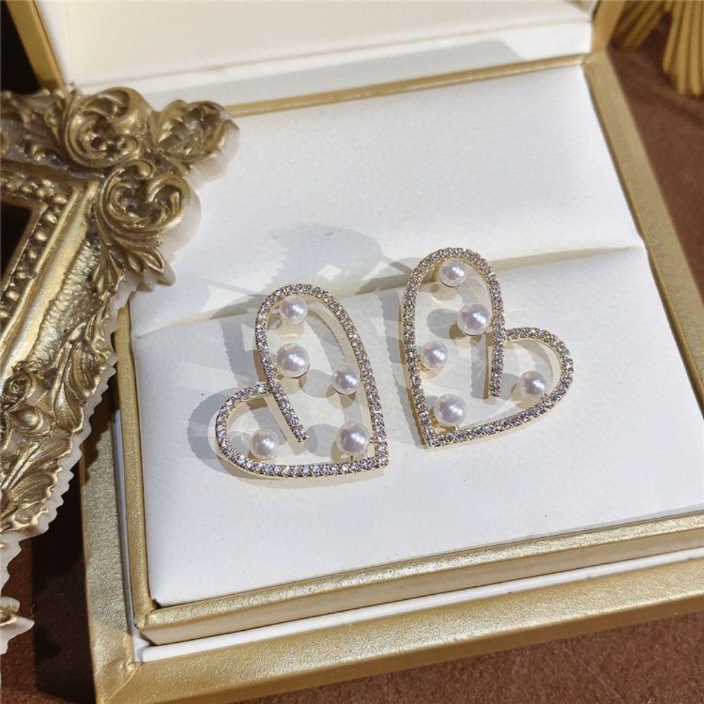 Mxbeauty Wanita Anting Berlian Imitasi Atmosfer Pesta Perhiasan Hadiah Indah Aksesoris Telinga Mutiara Hati Stud Earrings