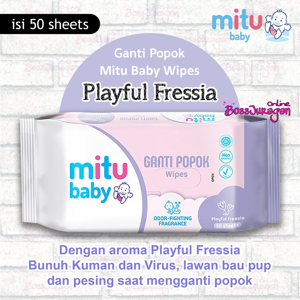 (BOSS) (1pc) Mitu Baby Wipes Tiap Pack Isi 50 Sheets Aroma Sweet Rose