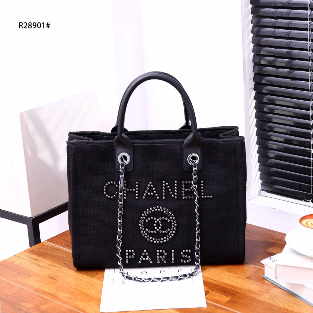 Ch r28901 Canvas imitation Pearl Large Deauville Shopping Bag Silver Chain