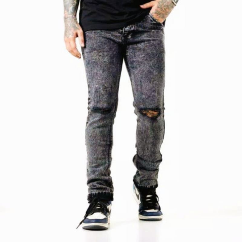 CELANA RIPPED JEANS SOBEK LUTUT PRIA KEREN/CELANA JEANS SNOWBLACK ACID WASHING JEANS HITAM SOBEK LUTUT PRIA TERHITS