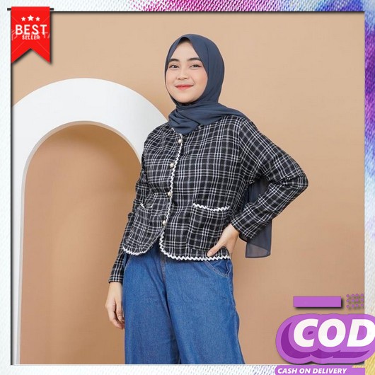 Zaza_Fashion Baju Wanita Korea Terbaru 2021  Real Pict Blouse Wanita 0379 Envy Olivia Monochrome Twe