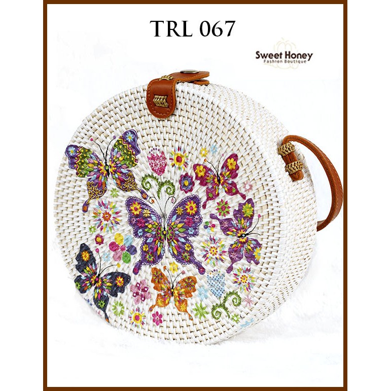 Sweet Honey ~ Grosir Tas Rotan Bulat 20cm Murah Bali Lukis Decoupage Motif Kupu Kupu TRL067 Bisa COD
