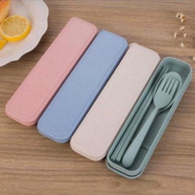 Sendok Garpu Sumpit Set Wheat Straw / Alat Makan Set Bahan Jerami Gandum BPA Free /  Peralatan Makan