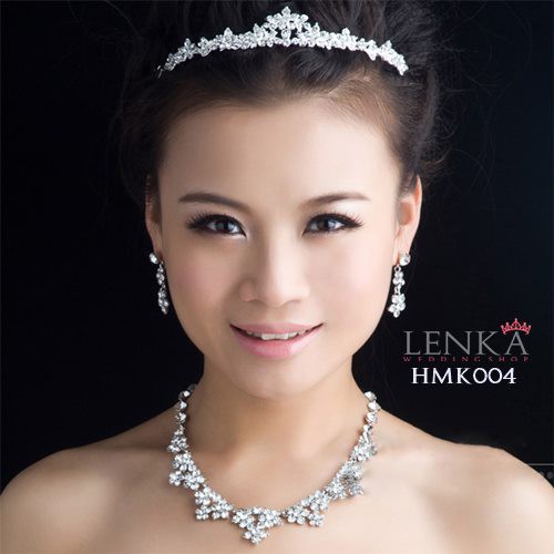 Paket Mahkota Kalung Anting Pengantin Aksesoris Crystal Wedding Lenka - HMK004