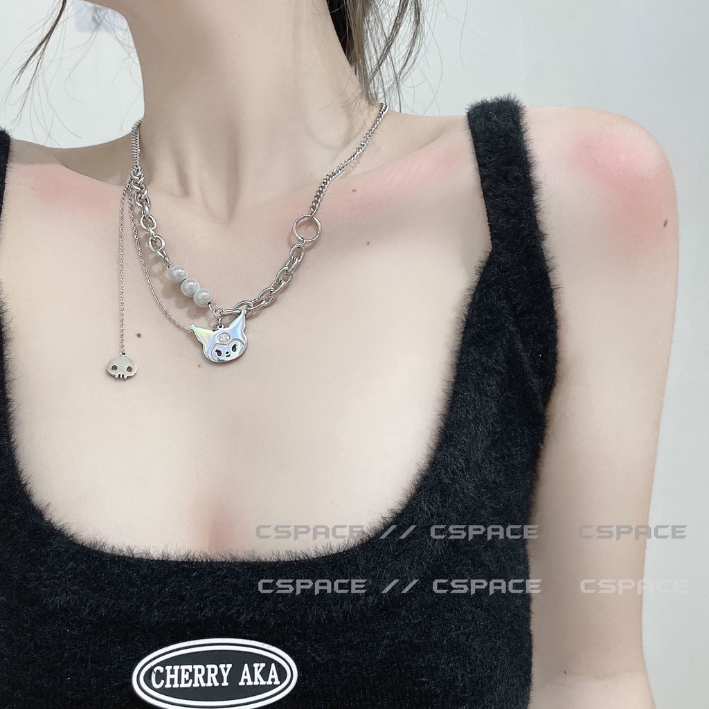 Cartoon Kuromi Pendant Necklace Reflective Pearl Multilayer Necklace