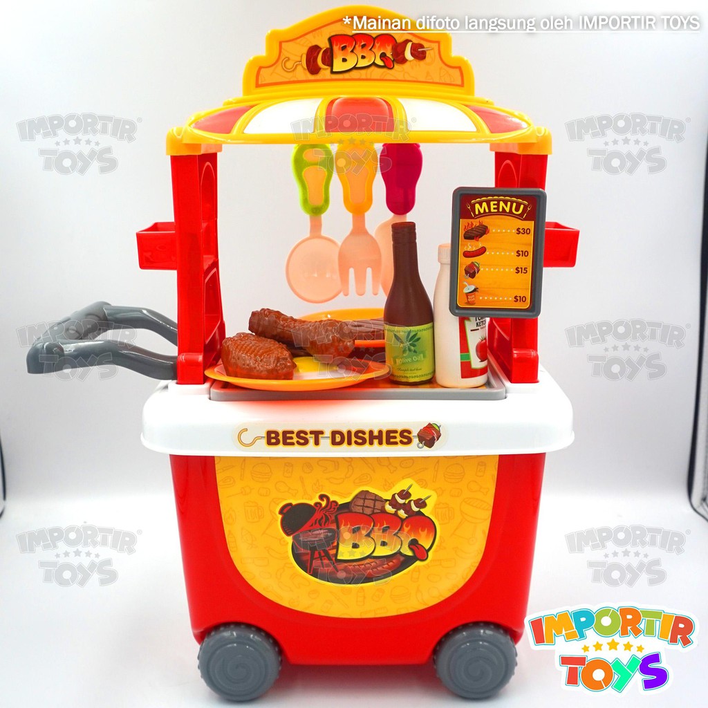 MAINAN ANAK BARBEKYU TROLI + AKSESORIS (PIRING,SENDOK,BOTOL SAUS BBQ) IMPORT QUALITY