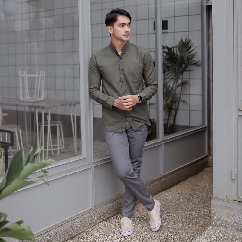 kemeja cowok polos lengan panjang hem pria kantor hitam navy putih maron-Hijau Army