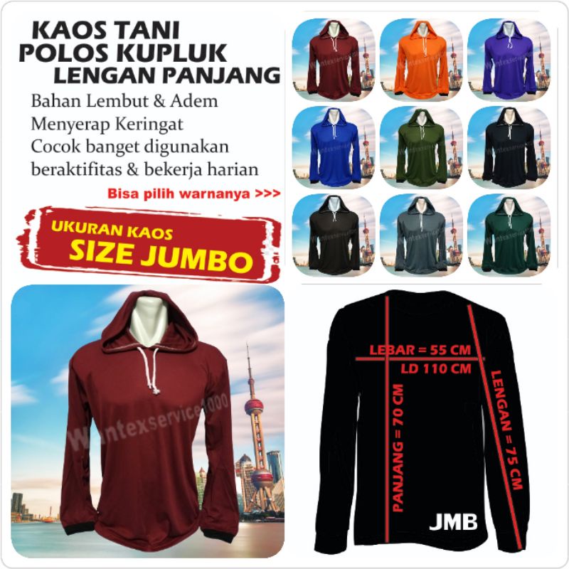 Kaos Tani Kupluk Lengan Panjang, Ukuran XXL, Ukuran JUMBO, Kaos Basahan Kerja (POLOS JUMBO)