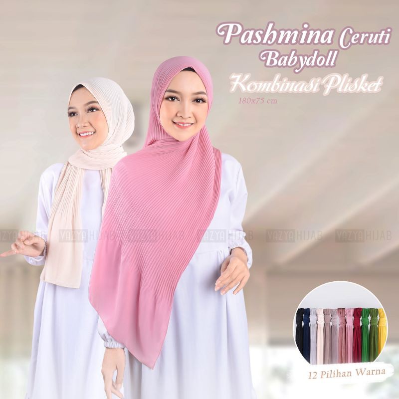 Pashmina Ceruty Babbydoll Kombinasi Plisket