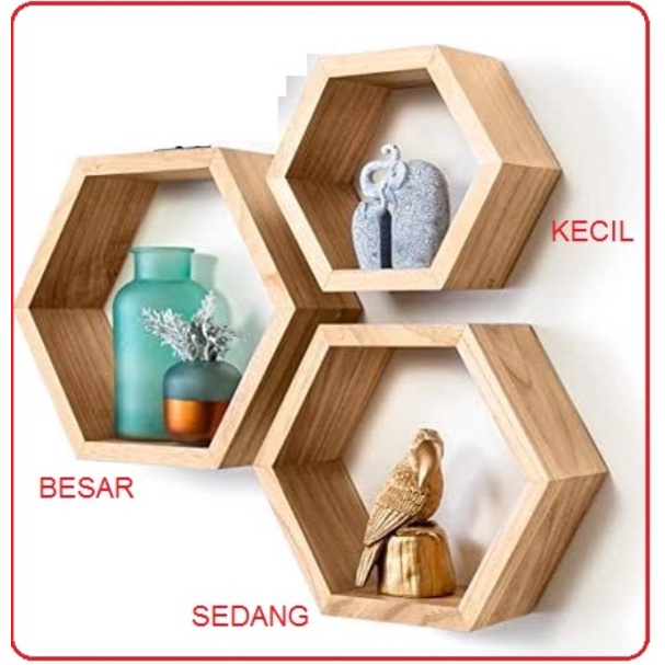 3 pcs Rak kayu hexagonal segi 6 nempel dinding