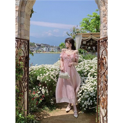 Mini Dress Pink v-neck lengan pendek suspender dress wanita musim panas murni keinginan high-end tem