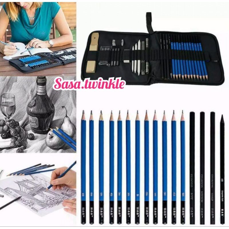 33 Pcs pensil sketsa menggambar set pencil skecth gambar lengkap