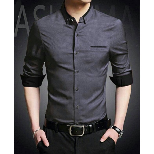 HipNop HILLER KEMEJA PRIA LENGAN PANJANG SLIMFIT ATASAN LENGAN POLOS PAKAIAN COWOK FORMAL KASUAL