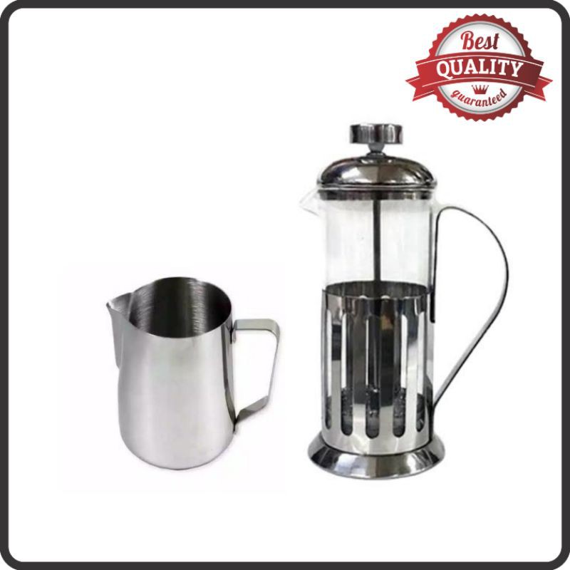 PAKET STAINLESS MILK JUG 350 ml + FRENCH PRESS AKEBONNO / COFFEE PRESS - LATTE ART