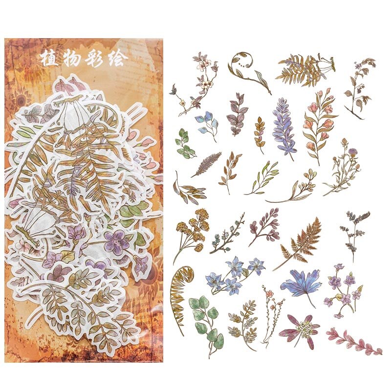 Journamm 60pcs Vintage Plant Stickers Deco Journaling Stationery Washi Paper Retro Material Flowers Leaves Plants Deco Stickers-B