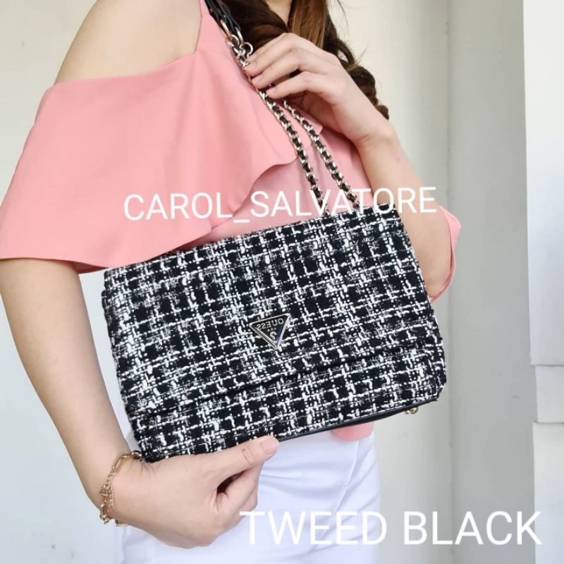 (WODB) Tas cessily tweed black tweed pink tweed pink rajut convertible selempang dan shoulder bag. gs gb tweed rajut sintetis