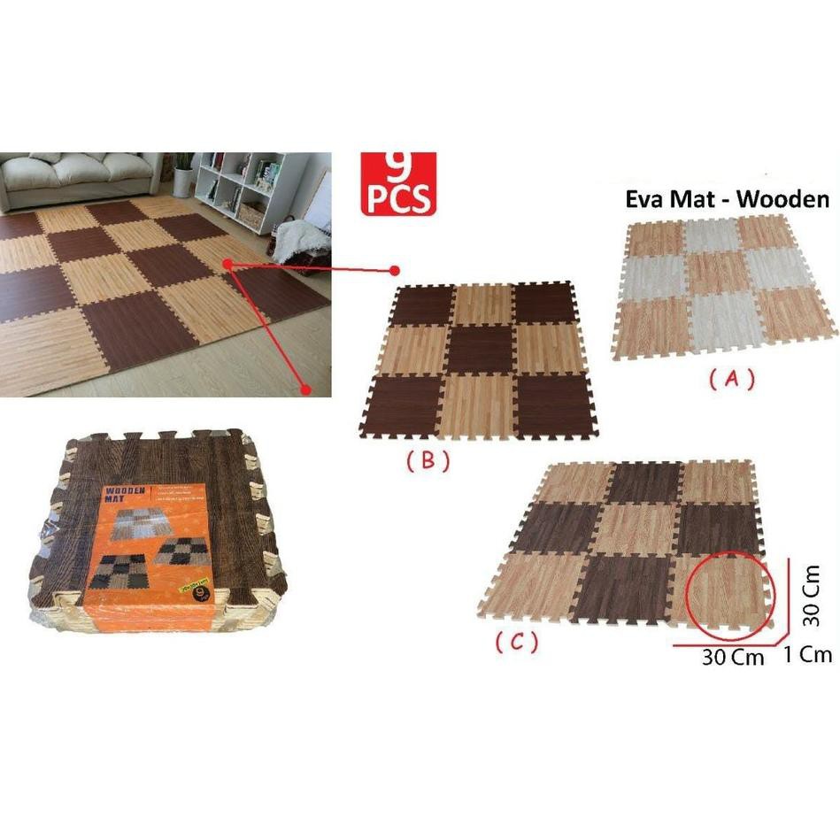 ❄ Karpet Puzzle Motif Kayu - Wooden Mat - Eva Mat isi 9 pcs ✶