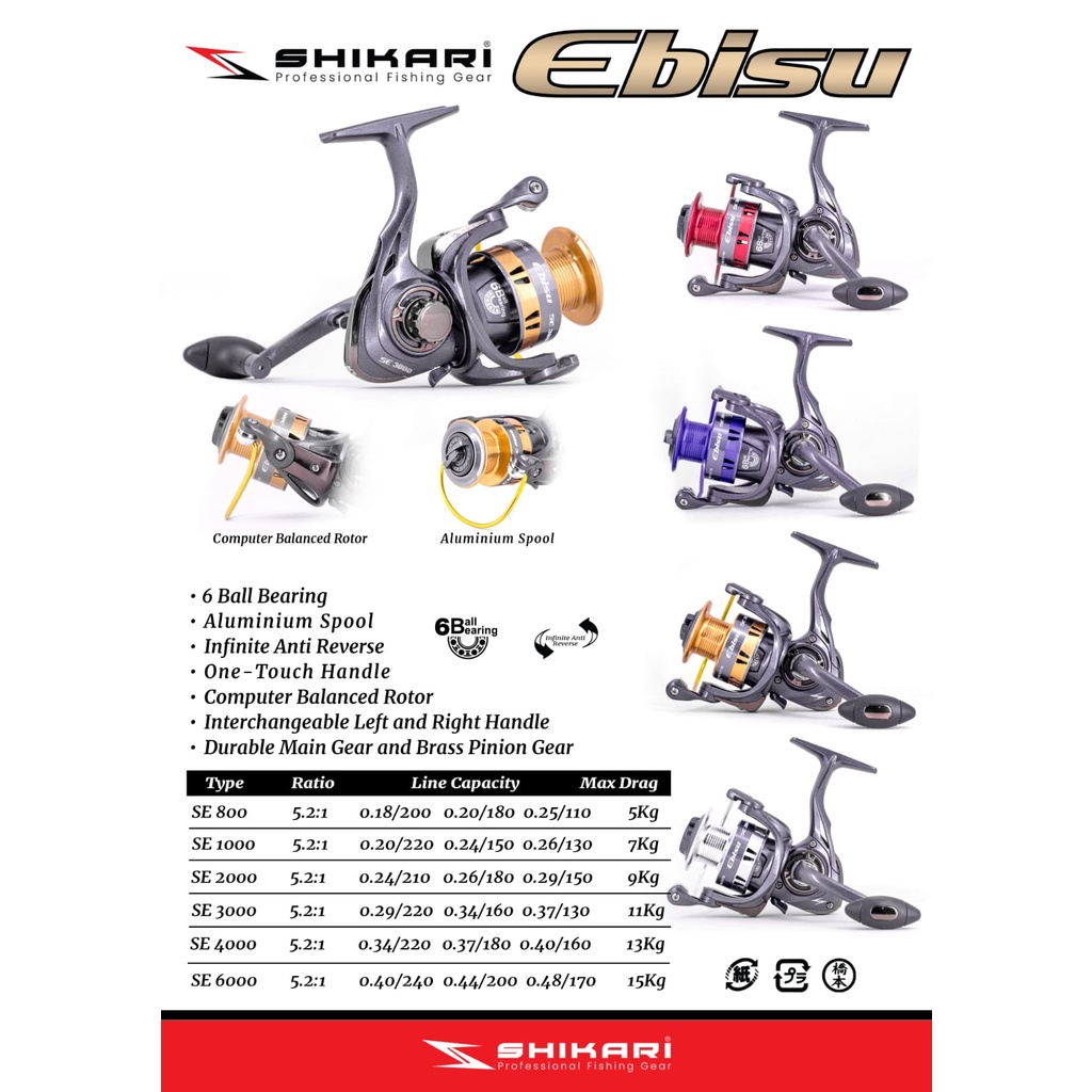 Reel Pancing Shikari Ebisu 800 - 6000 Spool  Alumunium (6 Bearing) Murah Berkualitas - Engkus Fishing