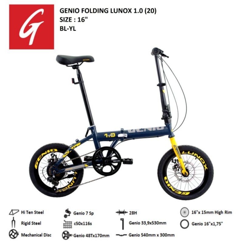 SEPEDA LIPAT GENIO LUNOX 1.0 16 INCH WARNA BLUE YELLOW