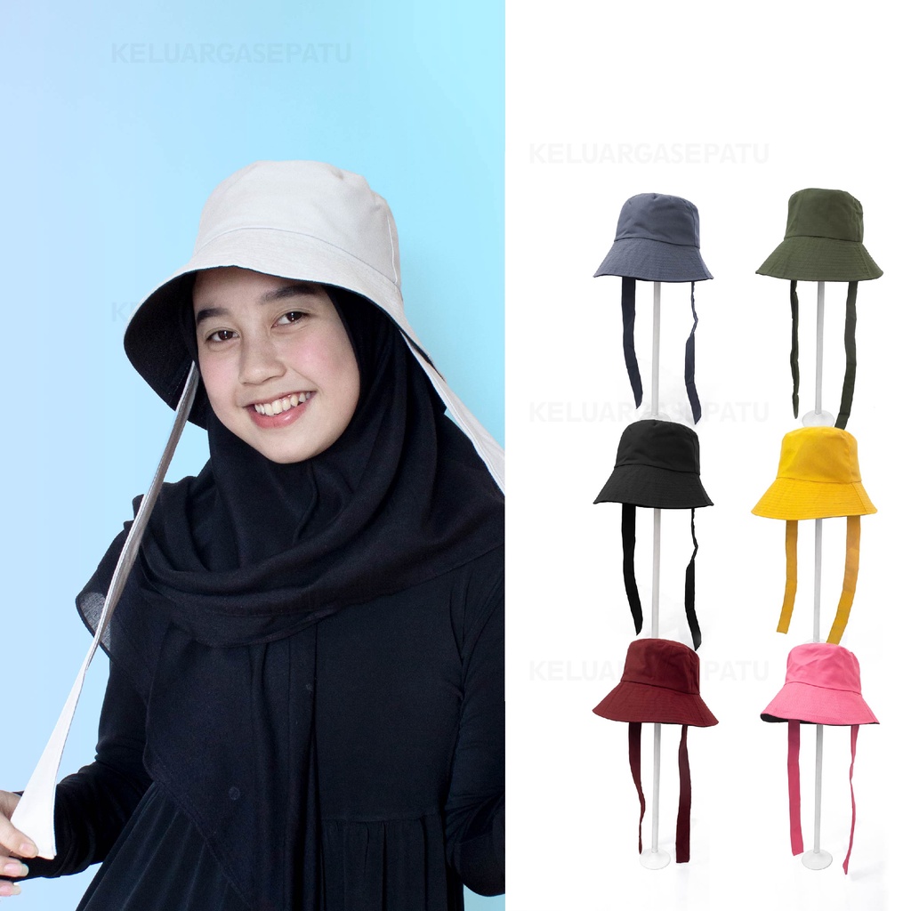 TOPI BUCKET WIDE selebgram aksen tali TOPI BUCKET MUSLIMAH CEWE WANITA BOLAK BALIK 2 WARNA TALI PANJANG murah lucu