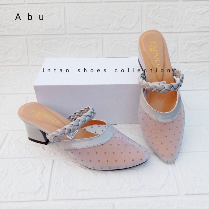 Aprilia sepatu sandal pesta wanita hak tahu 5cm/sandal bustong brukat kondangan kekinian/sepatu wanita slip on anti licin/sendal slop pesta