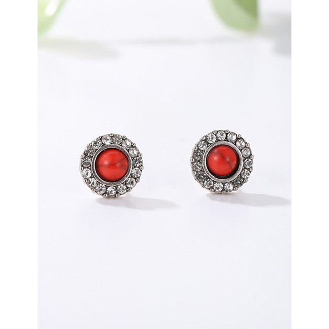 LRC Anting Tusuk Fashion White+silver Color Round Shape Decorated Earrings