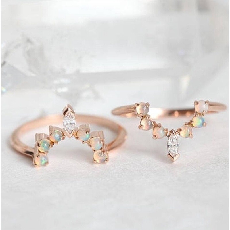 Cincin Zircon Opal Bulat Warna Rose Gold Untuk Wanita