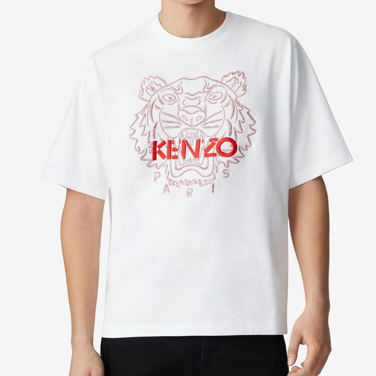 Knzo Men Embroidered Tiger Tee White/Red 100% Authentic