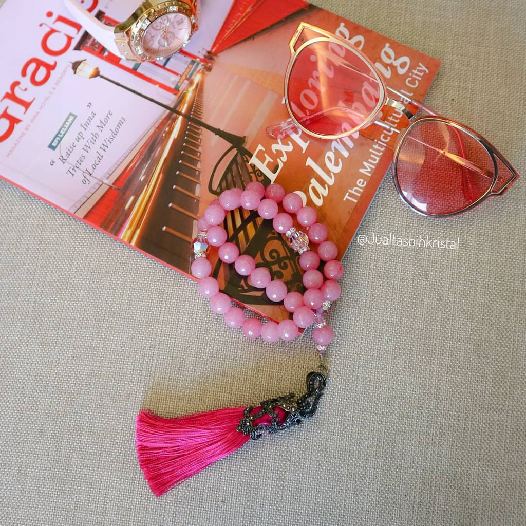 Tasbih 33 Butir Dark Rose Quartz/ Tasbih Batu Alam Aseli/ Tasbih Swarovski Original/ Tasbih Batu Ala