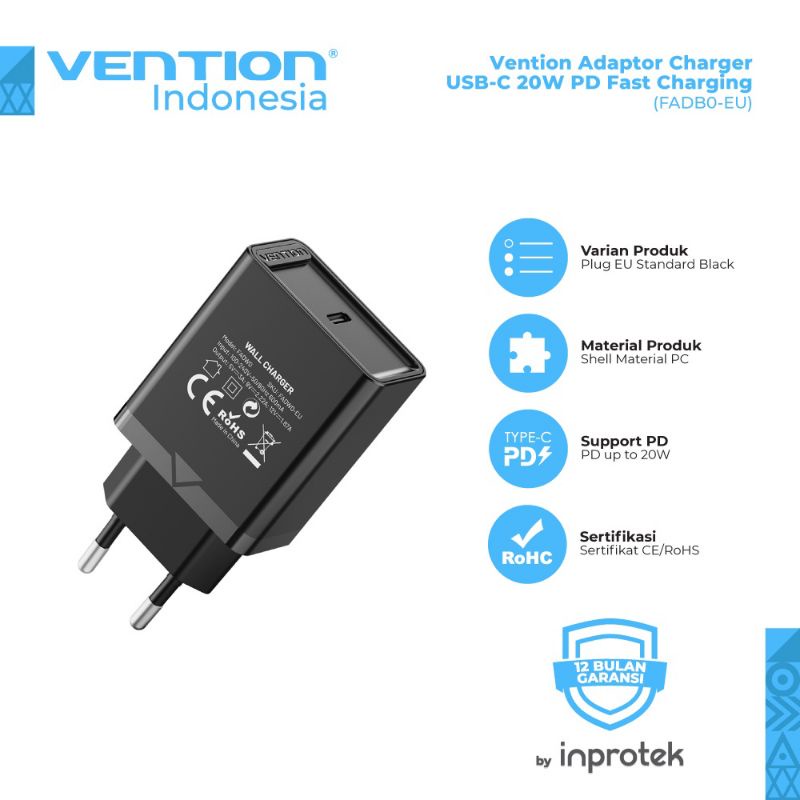 VENTION Adaptor Charger Type-C PD 20W &amp; Travel Adaptor Adaptor USB-A